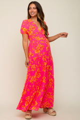 Neon Pink Floral Front Button Tiered Maternity Maxi Dress