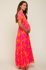 Neon Pink Floral Front Button Tiered Maternity Maxi Dress