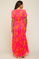 Neon Pink Floral Front Button Tiered Maternity Maxi Dress