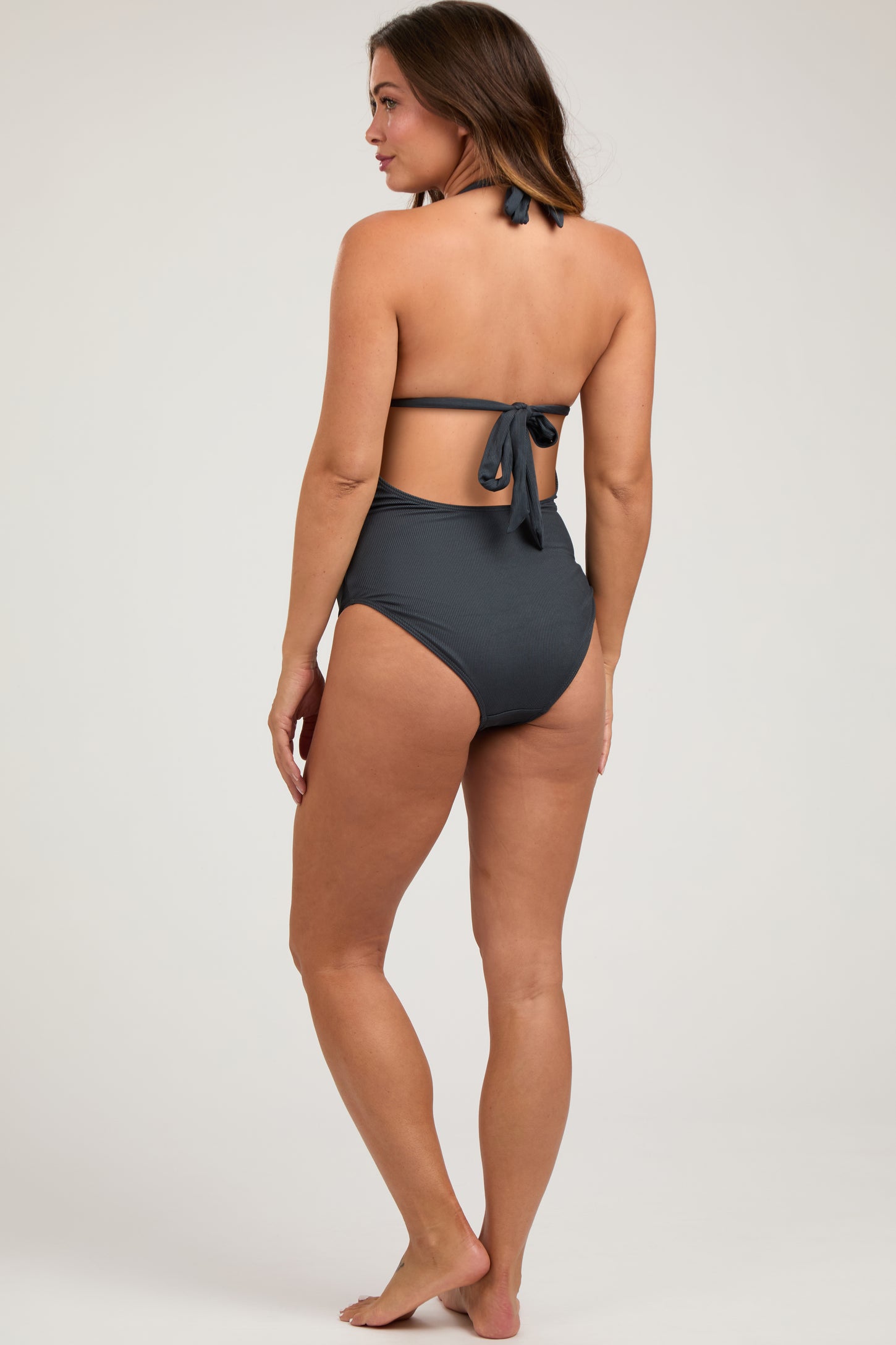 Black Ribbed Snap Front One-Piece Maternity Swimsuit– PinkBlush