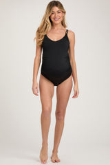 Black Ribbed V-Neck Lace-Up Back One-Piece Maternity Swimsuit