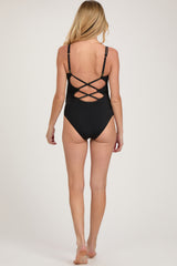 Black Ribbed V-Neck Lace-Up Back One-Piece Maternity Swimsuit