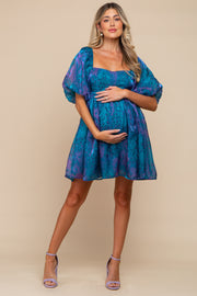 Teal Leopard Print Puff Sleeve Maternity Dress