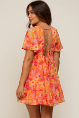 Orange Floral Chiffon Flutter Short Sleeve Lace-Up Back Maternity Dress