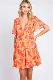 Orange Floral Chiffon Flutter Short Sleeve Lace-Up Back Dress