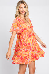 Orange Floral Chiffon Flutter Short Sleeve Lace-Up Back Dress