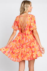 Orange Floral Chiffon Flutter Short Sleeve Lace-Up Back Dress