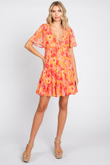 Orange Floral Chiffon Flutter Short Sleeve Lace-Up Back Dress