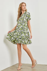 Green Floral Button Front Collared Ruffle Hem Maternity Dress