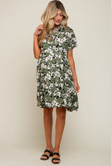 Green Floral Button Front Collared Ruffle Hem Maternity Dress