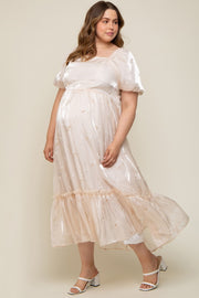 Cream Floral Embroidered Puff Sleeve Plus Maternity Maxi Dress