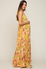 Yellow Floral Sleeveless Tiered Maternity Maxi Dress