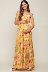 Yellow Floral Sleeveless Tiered Maternity Maxi Dress