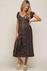 Black Leopard Button Front Maternity Midi Dress