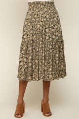 Olive Floral Smocked Midi Skirt