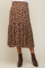 Brown Floral Smocked Maternity Midi Skirt