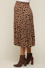 Brown Floral Smocked Maternity Midi Skirt