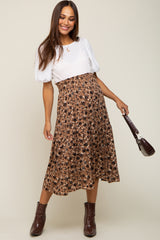 Brown Floral Smocked Maternity Midi Skirt