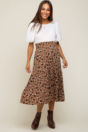 Brown Floral Smocked Maternity Midi Skirt