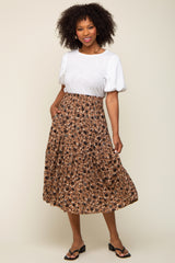 Brown Floral Smocked Midi Skirt