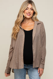 Mocha Striped Button Front Collared Long Sleeve Maternity Top