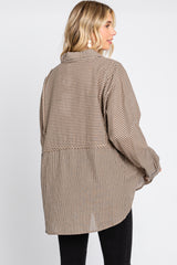 Mocha Striped Button Front Collared Long Sleeve Top