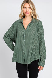 Olive Striped Button Front Collared Long Sleeve Top