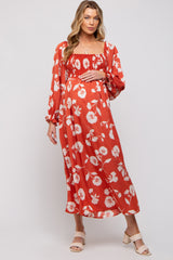 Rust Floral Square Neck Smocked Long Sleeve Maternity Maxi Dress