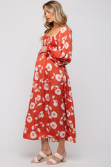 Rust Floral Square Neck Smocked Long Sleeve Maternity Maxi Dress