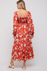 Rust Floral Square Neck Smocked Long Sleeve Maternity Maxi Dress