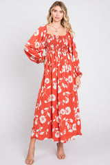 Rust Floral Square Neck Smocked Long Sleeve Maternity Maxi Dress