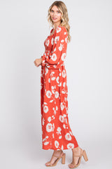 Rust Floral Square Neck Smocked Long Sleeve Maxi Dress