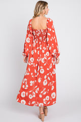 Rust Floral Square Neck Smocked Long Sleeve Maxi Dress