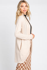 Beige Ribbed Open Front Cardigan