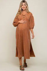 Rust Lace Up 3/4 Sleeve Side Slit Maternity Maxi Dress