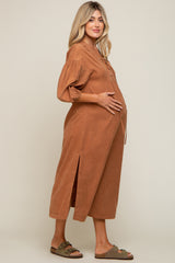 Rust Lace Up 3/4 Sleeve Side Slit Maternity Maxi Dress