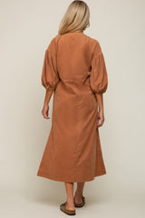 Rust Lace Up 3/4 Sleeve Side Slit Maternity Maxi Dress