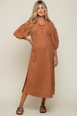 Rust Lace Up 3/4 Sleeve Side Slit Maternity Maxi Dress