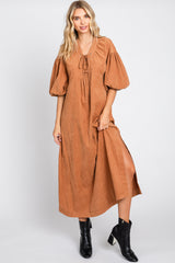 Rust Lace Up 3/4 Sleeve Side Slit Maternity Maxi Dress