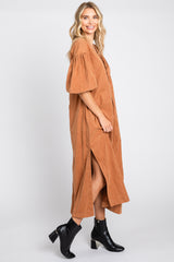 Rust Lace Up 3/4 Sleeve Side Slit Maxi Dress