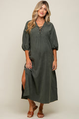 Forest Green Lace Up 3/4 Sleeve Side Slit Maternity Maxi Dress