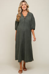 Forest Green Lace Up 3/4 Sleeve Side Slit Maternity Maxi Dress