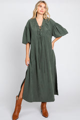 Forest Green Lace Up 3/4 Sleeve Side Slit Maternity Maxi Dress