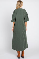 Forest Green Lace Up 3/4 Sleeve Side Slit Maxi Dress