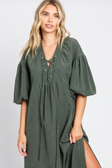 Forest Green Lace Up 3/4 Sleeve Side Slit Maxi Dress