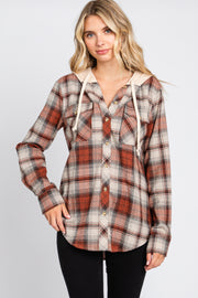 Rust Plaid Button Front Hooded Top