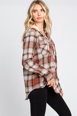 Rust Plaid Button Front Hooded Top