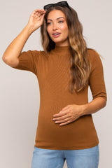 Mocha Mock Neck Short Sleeve Knit Maternity Top