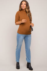 Mocha Mock Neck Short Sleeve Knit Maternity Top