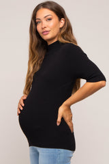 Black Mock Neck Short Sleeve Knit Maternity Top